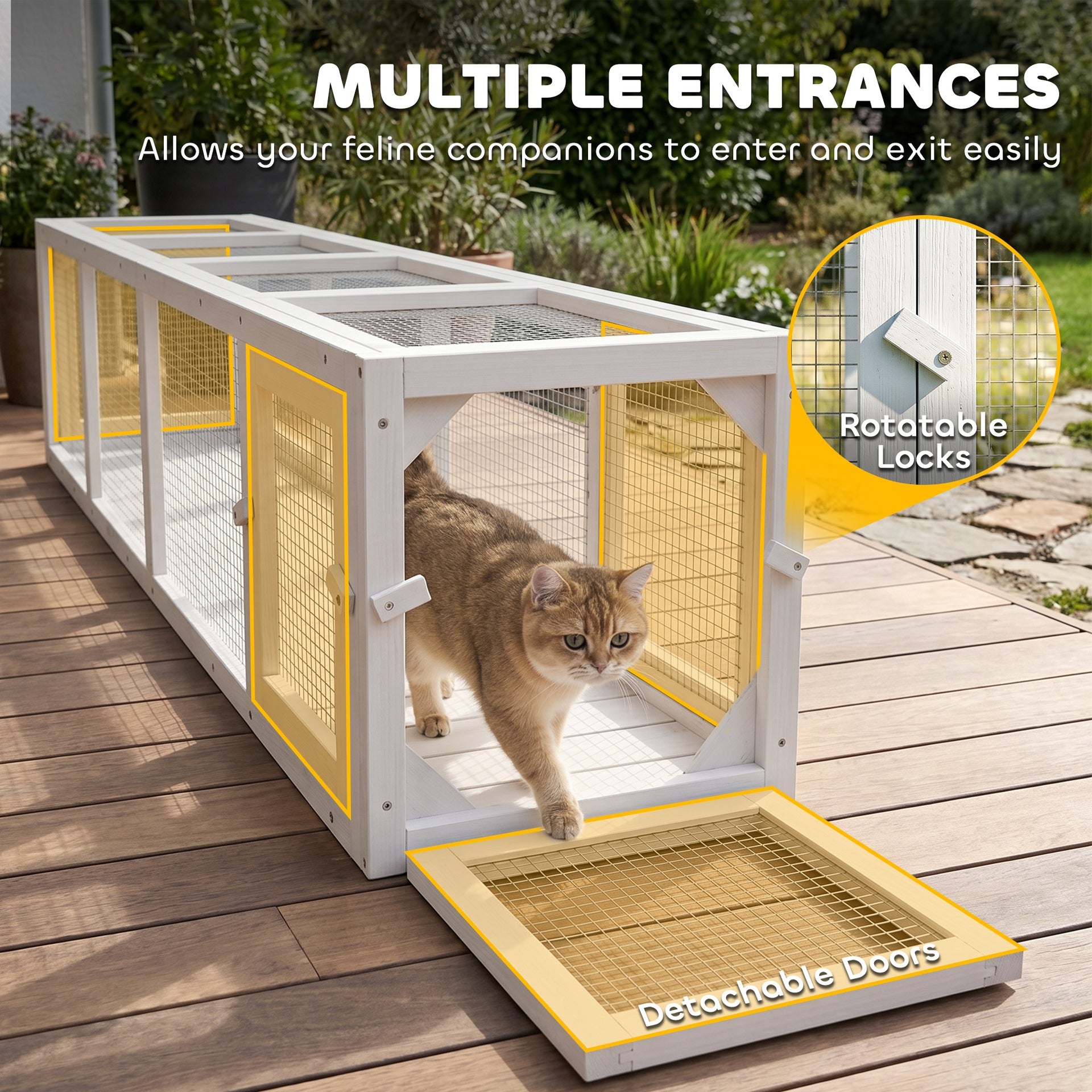 PawHut Wooden Cat Run with Weather Protection, Connecting Inside and Outside, 79"L x 15"W x 15"H, White
