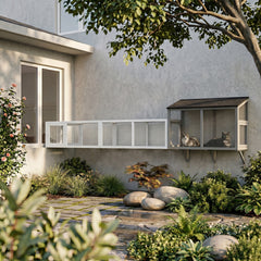 PawHut Wooden Cat Run with Weather Protection, Connecting Inside and Outside, 79"L x 15"W x 15"H, White
