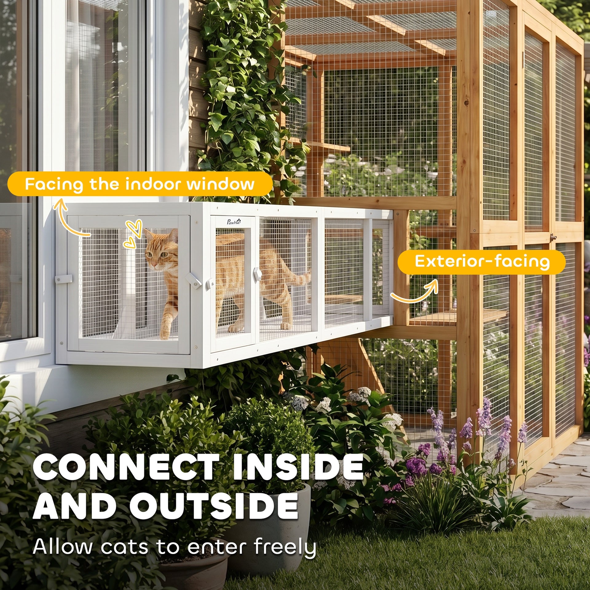 PawHut Wooden Cat Run with Weather Protection, Connecting Inside and Outside, 79"L x 15"W x 15"H, White