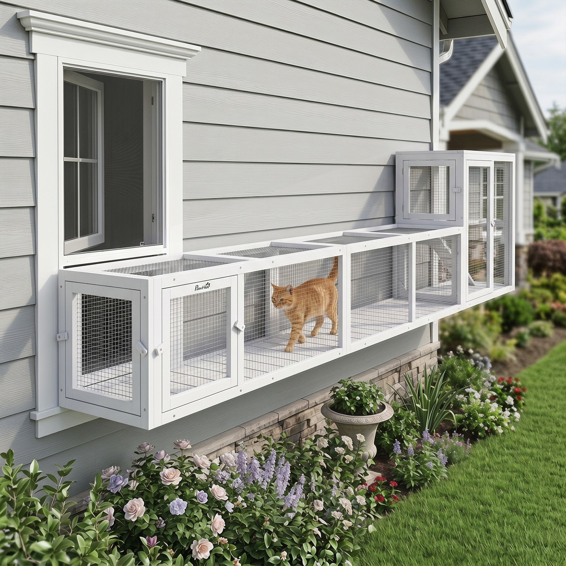 PawHut Wooden Cat Run with Weather Protection, Connecting Inside and Outside, 79"L x 15"W x 15"H, White