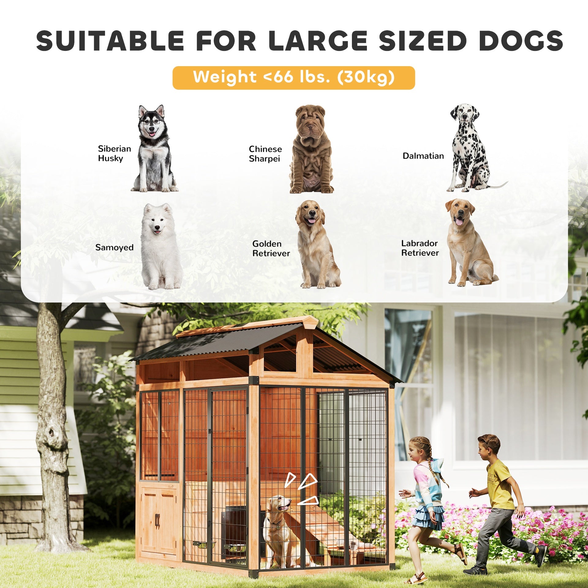 PawHut 7' x 5' Extra Large Dog House, Wood Outdoor Dog Kennel with Platform, Storage Cabinet for Large Breeds, Yellow