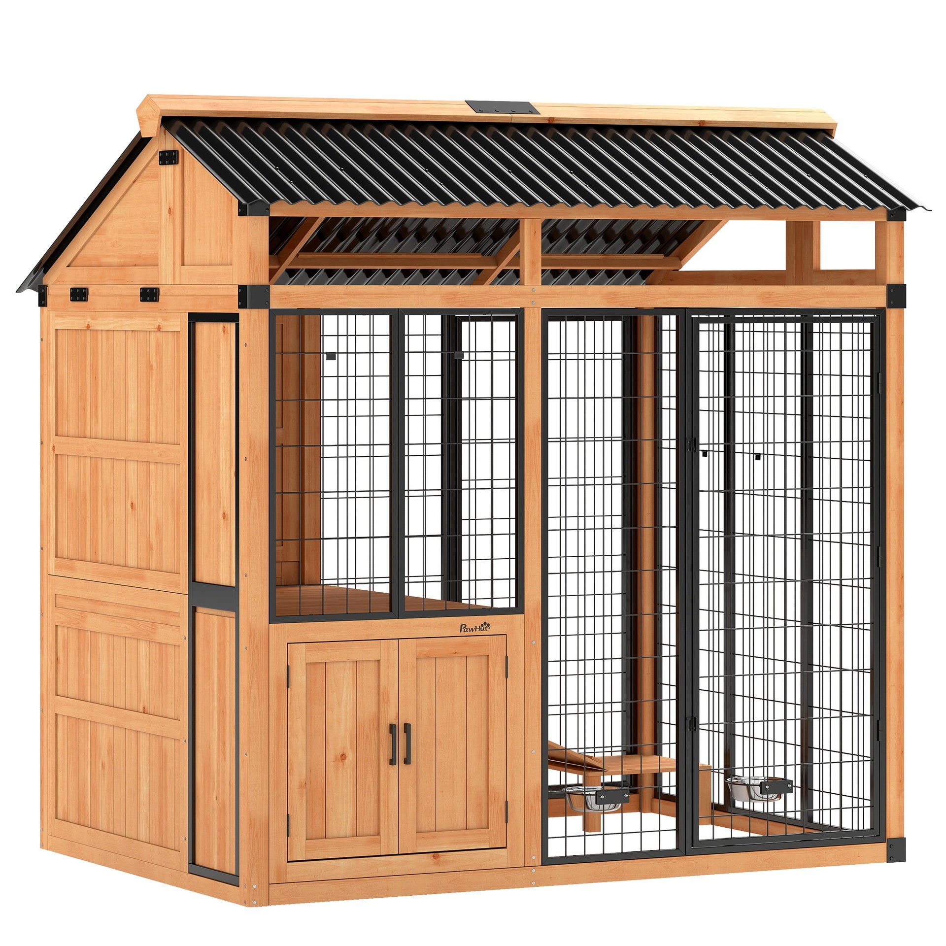 PawHut 7' x 5' Extra Large Dog House, Wood Outdoor Dog Kennel with Platform, Storage Cabinet for Large Breeds, Yellow