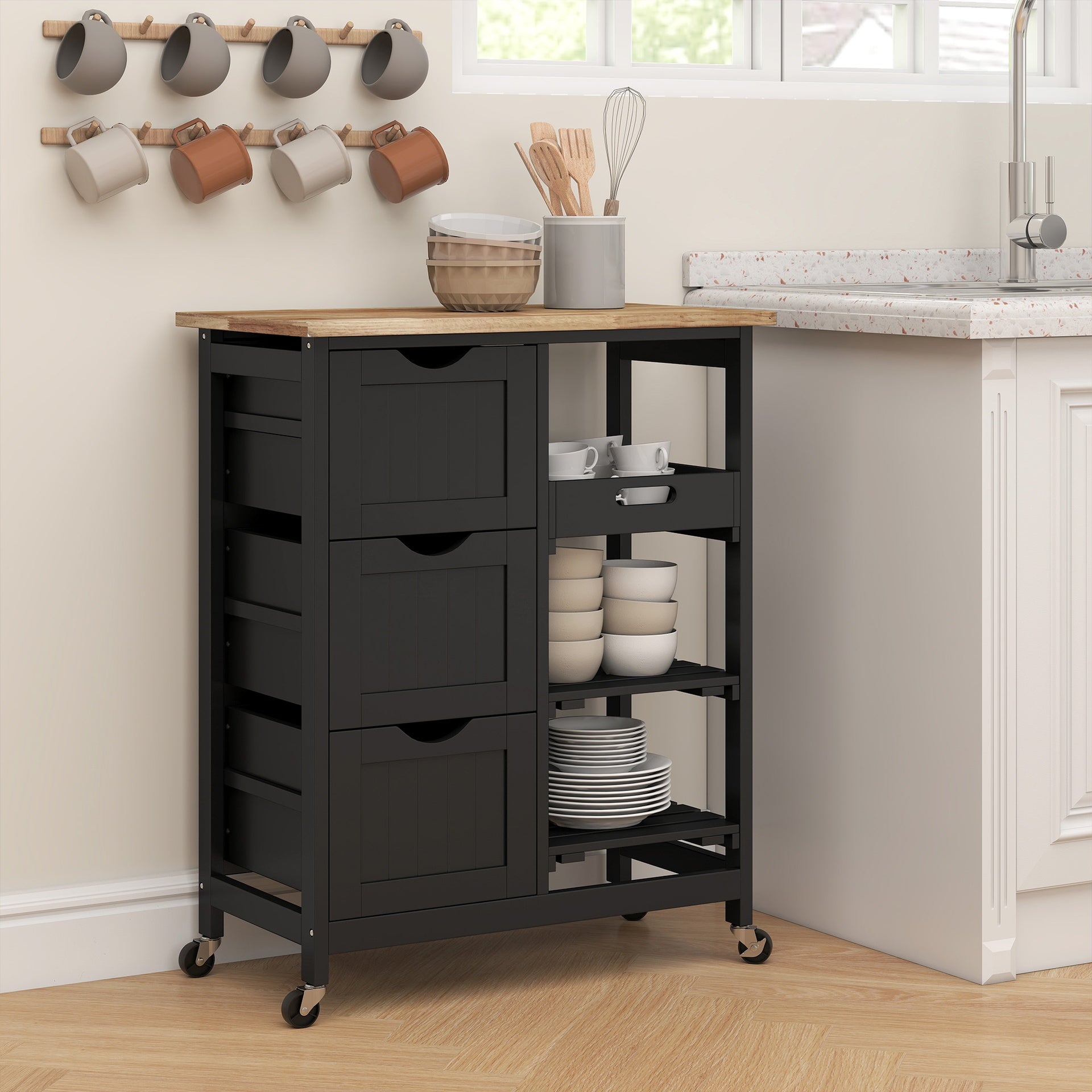 HOMCOM Rolling Kitchen Cart, Kitchen Island with Wood Top, Shelves & Drawers for Dining Area, Black