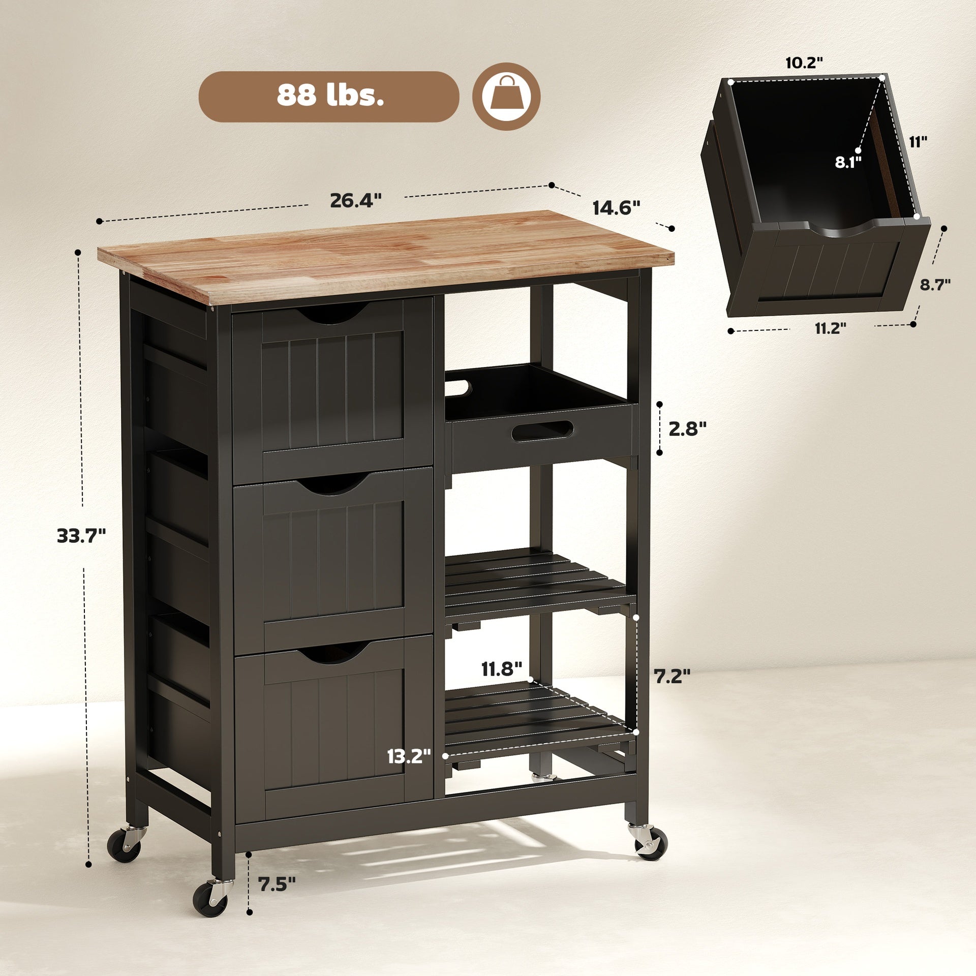 HOMCOM Rolling Kitchen Cart, Kitchen Island with Wood Top, Shelves & Drawers for Dining Area, Black