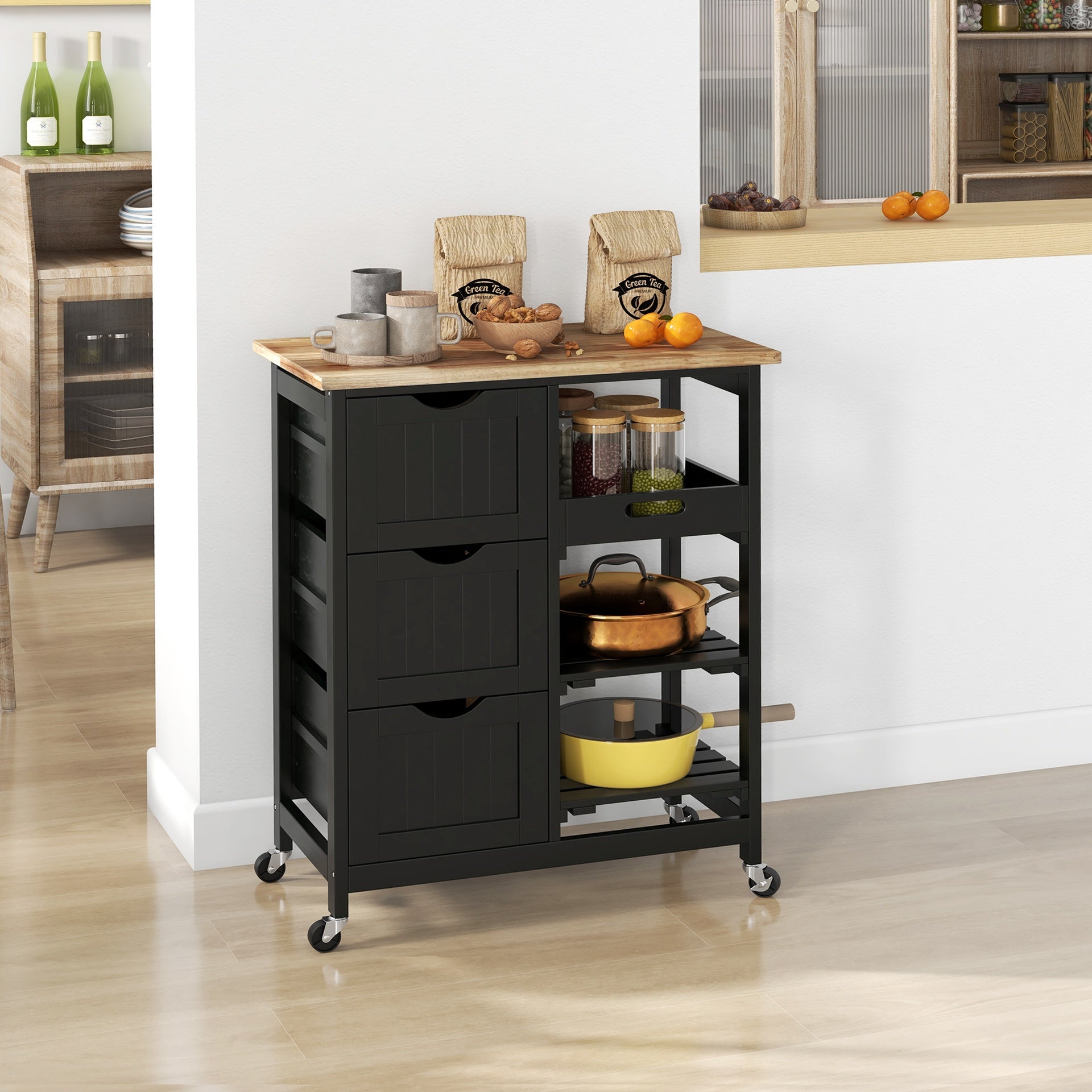 HOMCOM Rolling Kitchen Cart, Kitchen Island with Wood Top, Shelves & Drawers for Dining Area, Black