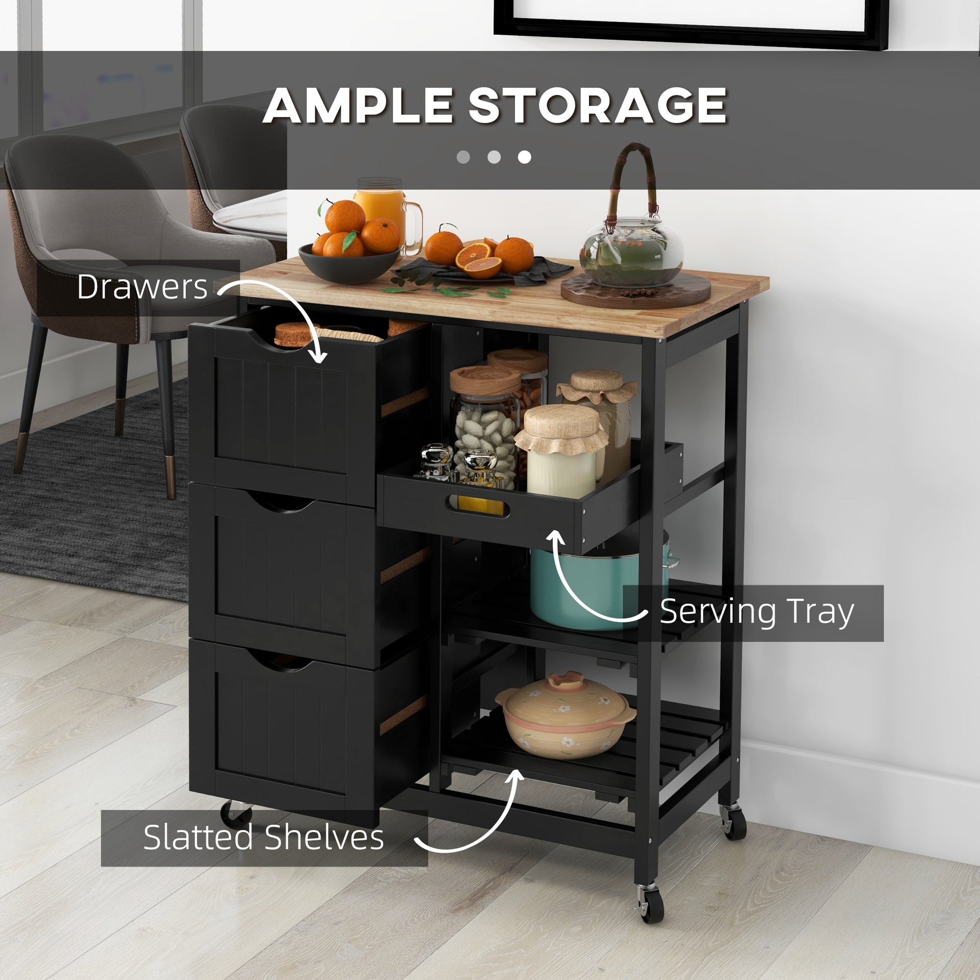 HOMCOM Rolling Kitchen Cart, Kitchen Island with Wood Top, Shelves & Drawers for Dining Area, Black