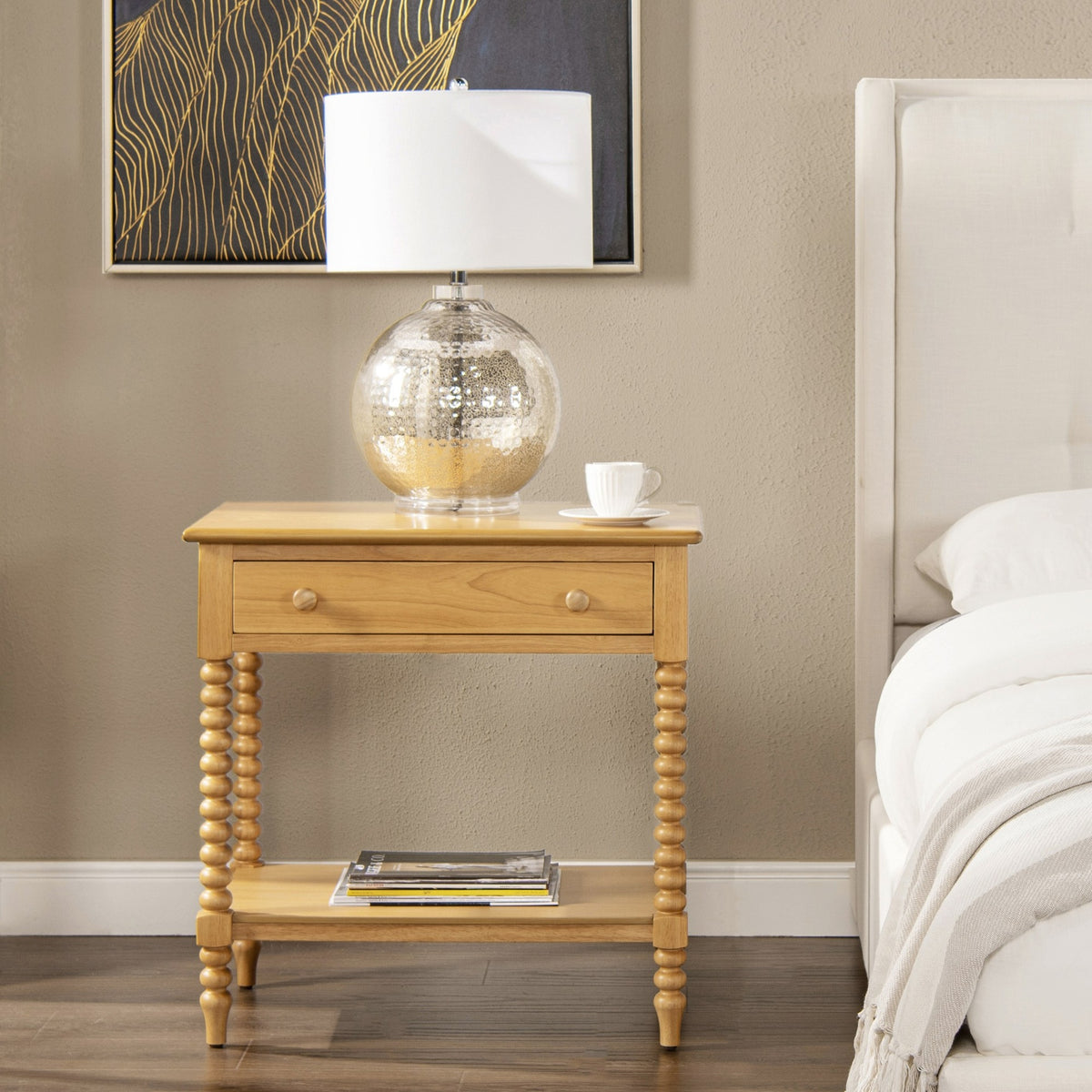 Easton 28" Modern Farmhouse Turned 1-Drawer Storage Side Table with Shelf, Natural Brown Wood