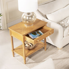 Easton 28" Modern Farmhouse Turned 1-Drawer Storage Side Table with Shelf, Natural Brown Wood