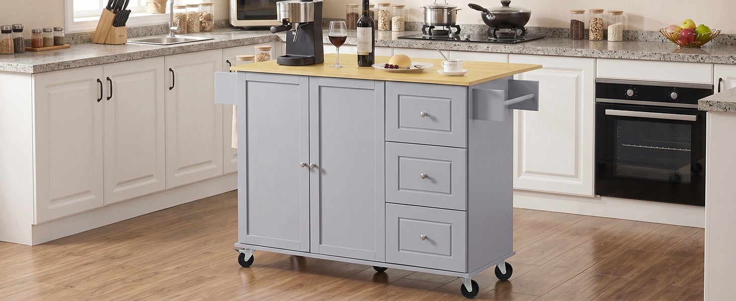 Rolling Mobile Kitchen Island with Solid Wood Top and Locking Wheels,52.7 Inch Width,Storage Cabinet and Drop Leaf Breakfast Bar,Spice Rack, Towel Rack & Drawer (Grey Blue)