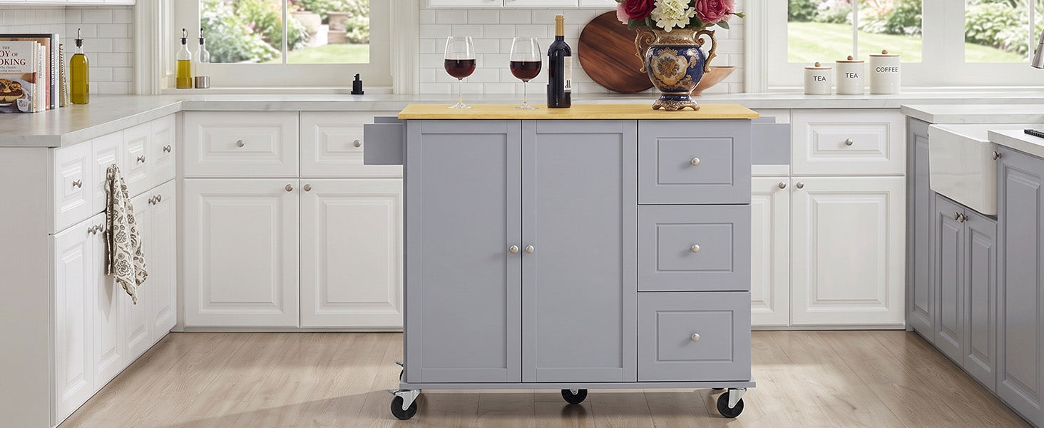 Rolling Mobile Kitchen Island with Solid Wood Top and Locking Wheels,52.7 Inch Width,Storage Cabinet and Drop Leaf Breakfast Bar,Spice Rack, Towel Rack & Drawer (Grey Blue)