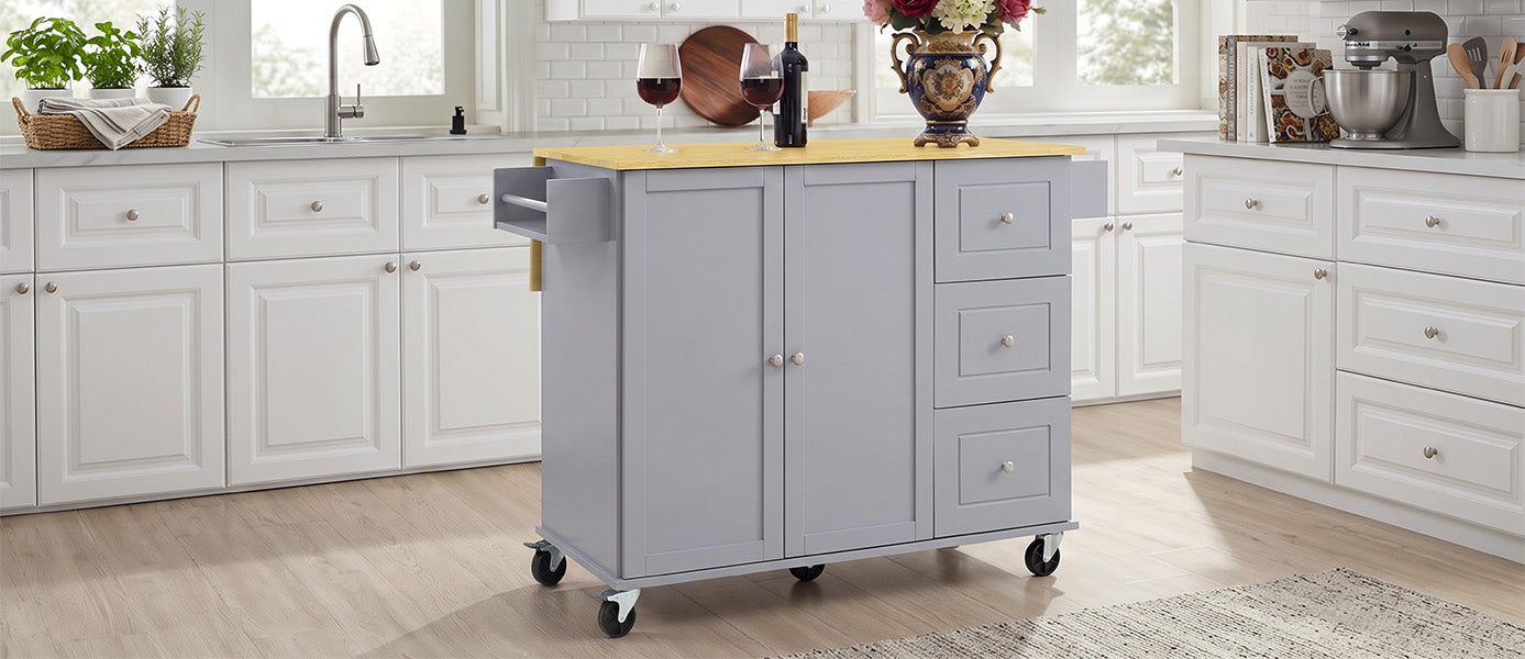 Rolling Mobile Kitchen Island with Solid Wood Top and Locking Wheels,52.7 Inch Width,Storage Cabinet and Drop Leaf Breakfast Bar,Spice Rack, Towel Rack & Drawer (Grey Blue)