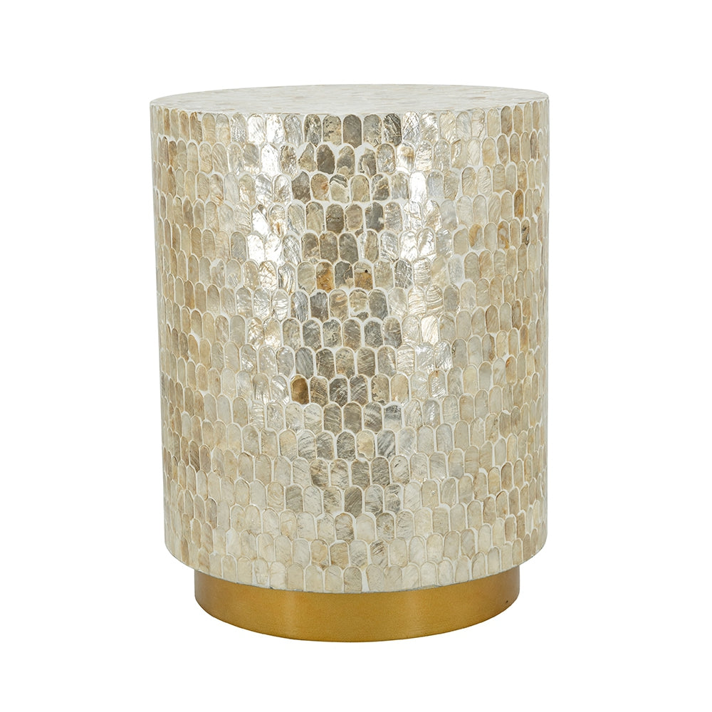 14x14x18" Cylindrical Accent Stool with Gold and Black Capiz Shell Finish and Pedestal Base
