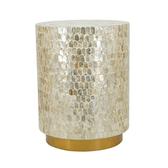 14x14x18" Cylindrical Accent Stool with Gold and Black Capiz Shell Finish and Pedestal Base