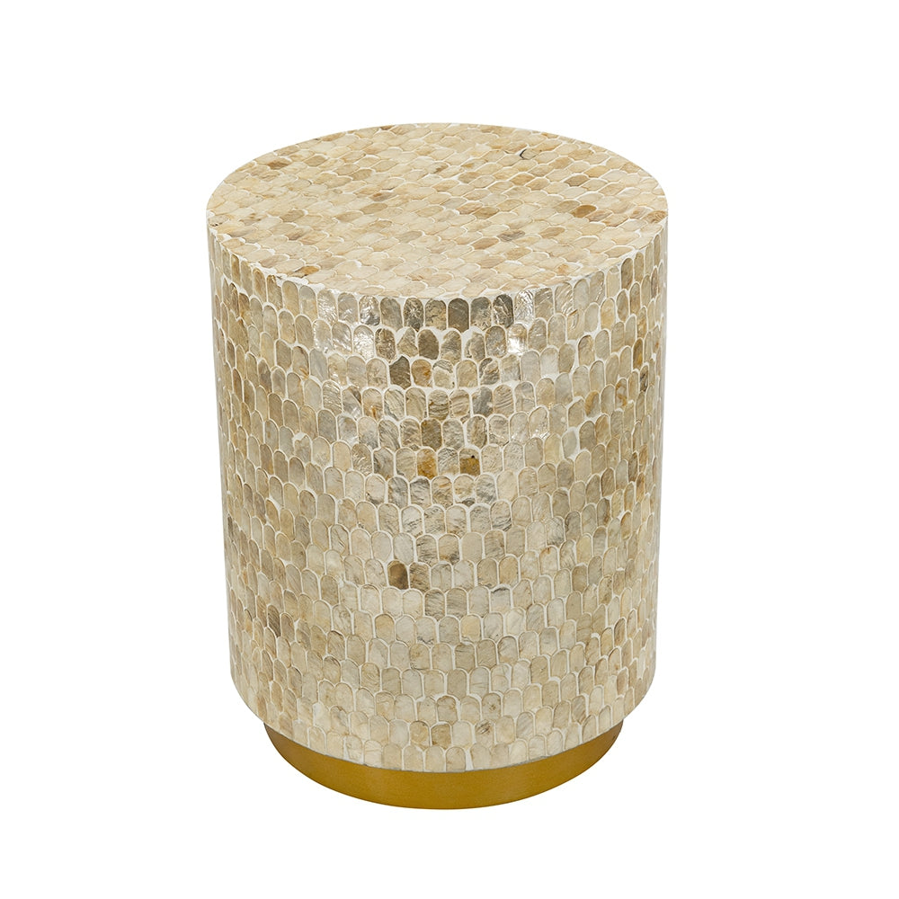 14x14x18" Cylindrical Accent Stool with Gold and Black Capiz Shell Finish and Pedestal Base