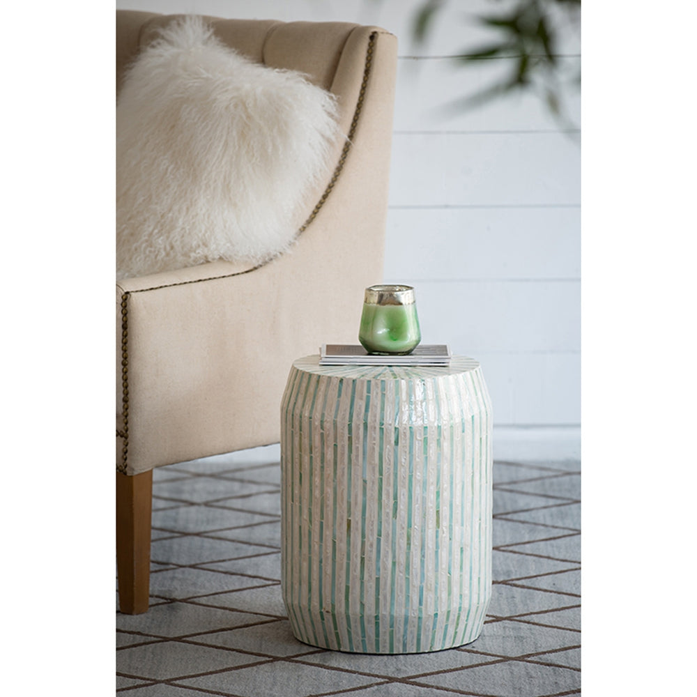 14x14x18" Cream and Green Cylinder Accent Stool with Striped Pattern