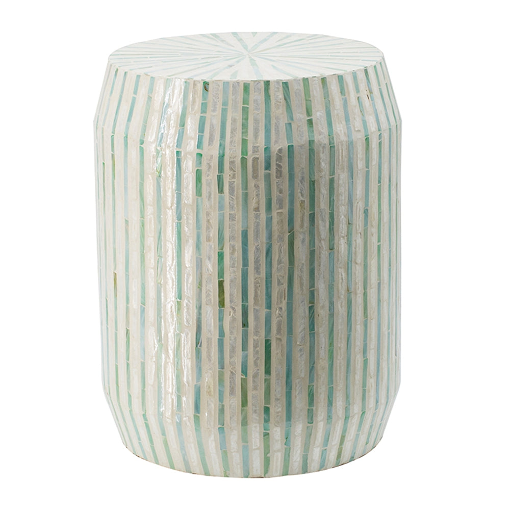 14x14x18" Cream and Green Cylinder Accent Stool with Striped Pattern