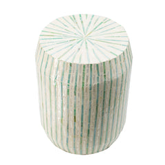 14x14x18" Cream and Green Cylinder Accent Stool with Striped Pattern