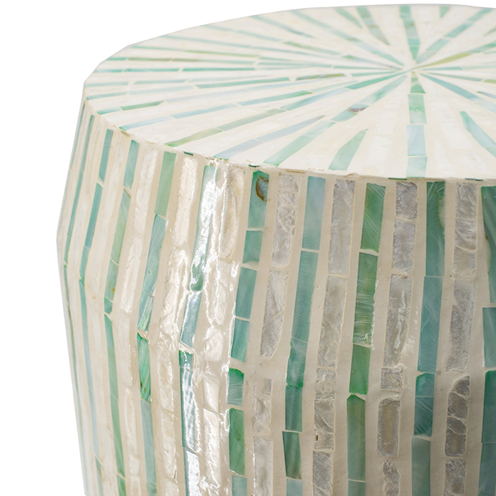 14x14x18" Cream and Green Cylinder Accent Stool with Striped Pattern