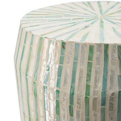 14x14x18" Cream and Green Cylinder Accent Stool with Striped Pattern