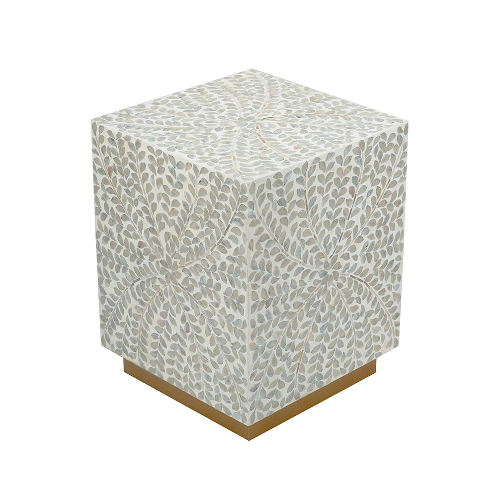 14x14x18" Square Accent Stool with White Capiz Shell Finish and Gold Pedestal Base