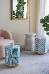14x14x18" Round Accent Stool with Blue and White Capiz Design and Gold Pedestal Base
