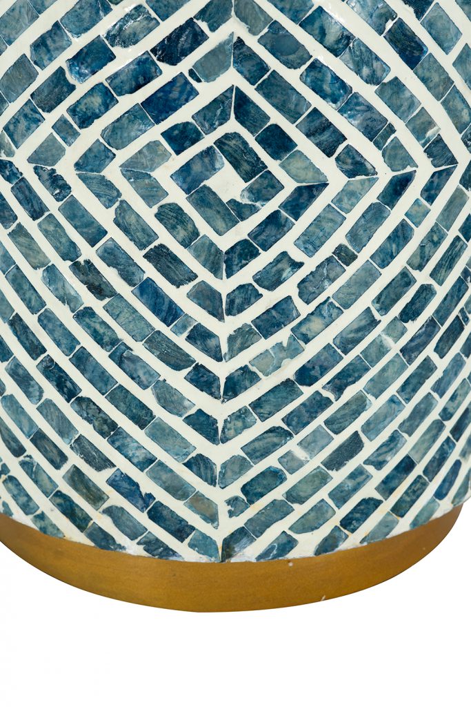 14x14x18" Round Accent Stool with Blue and White Capiz Design and Gold Pedestal Base