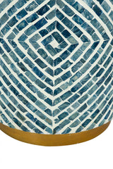 14x14x18" Round Accent Stool with Blue and White Capiz Design and Gold Pedestal Base