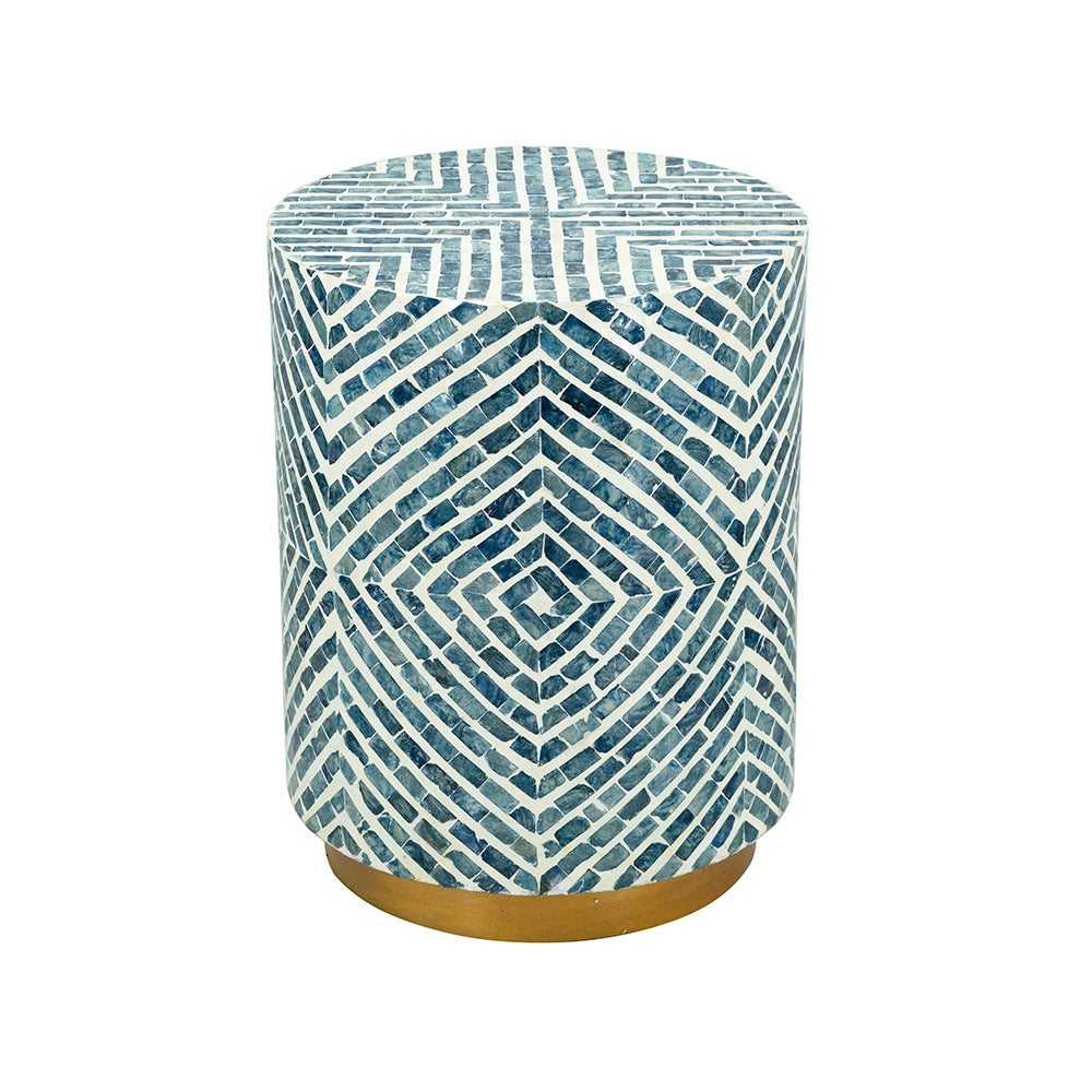 14x14x18" Round Accent Stool with Blue and White Capiz Design and Gold Pedestal Base