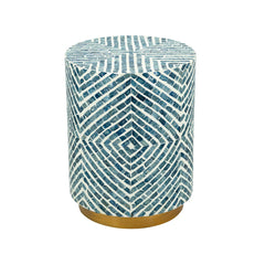 14x14x18" Round Accent Stool with Blue and White Capiz Design and Gold Pedestal Base