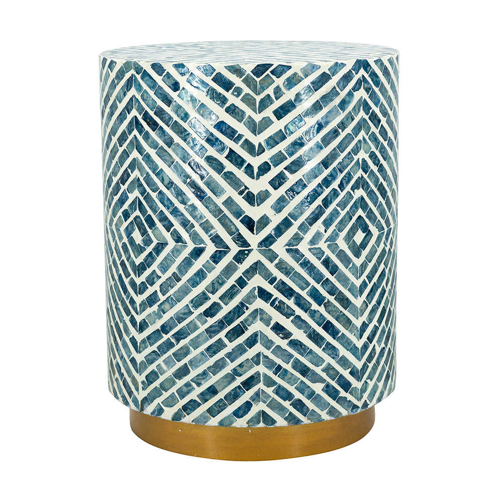 14x14x18" Round Accent Stool with Blue and White Capiz Design and Gold Pedestal Base
