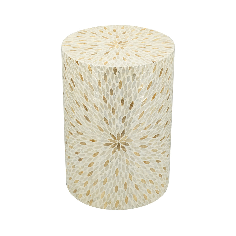 14x14x20" Decorative Drum Stool with Gold and White Capiz Design