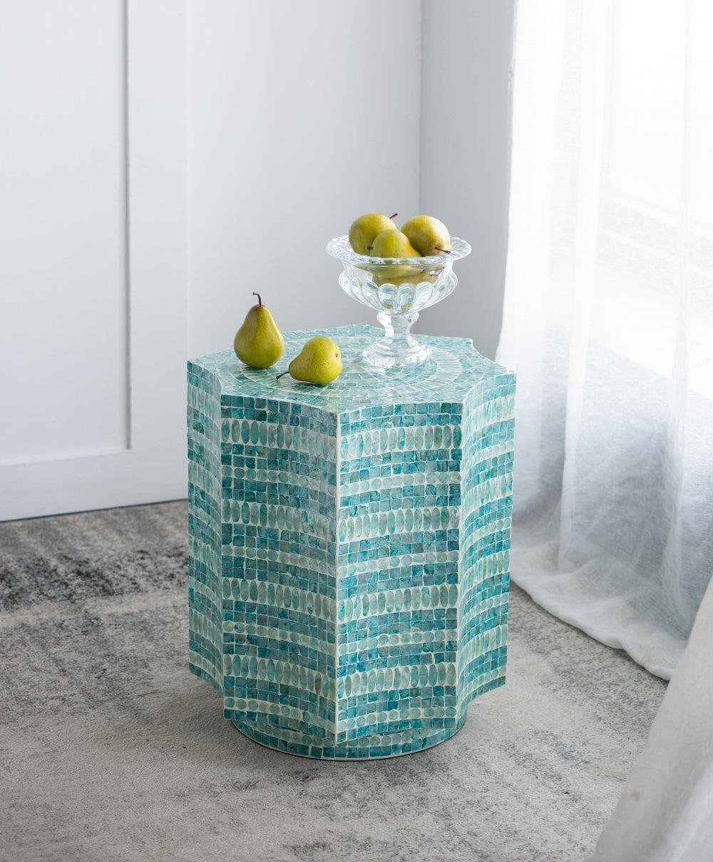 17x17x20" Stool with Capiz Design, Blue Multi