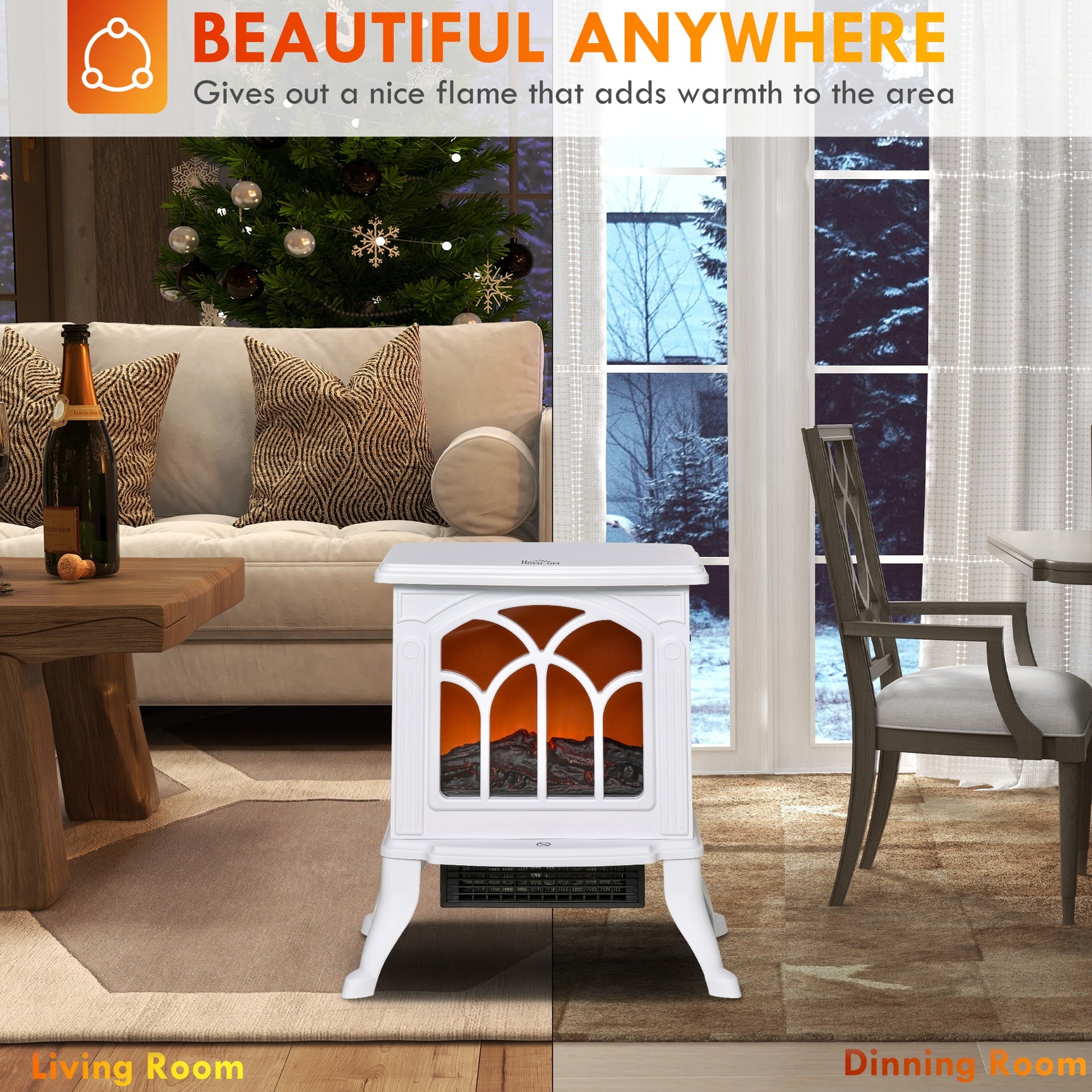 HOMCOM Electric Fireplace Heater, Freestanding Fireplace Stove with Realistic Logs and Flame Effect, 750W/1500W, White
