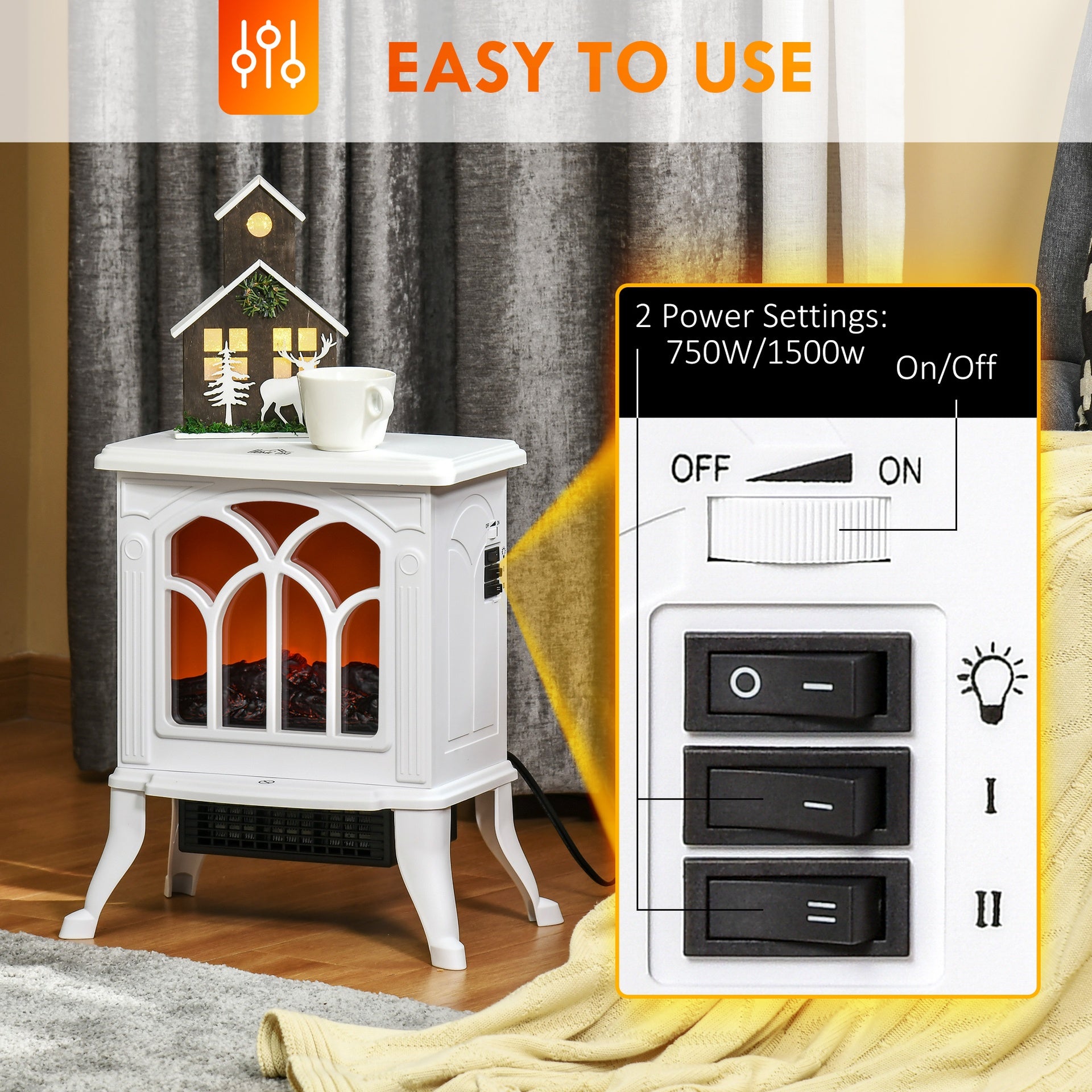 HOMCOM Electric Fireplace Heater, Freestanding Fireplace Stove with Realistic Logs and Flame Effect, 750W/1500W, White