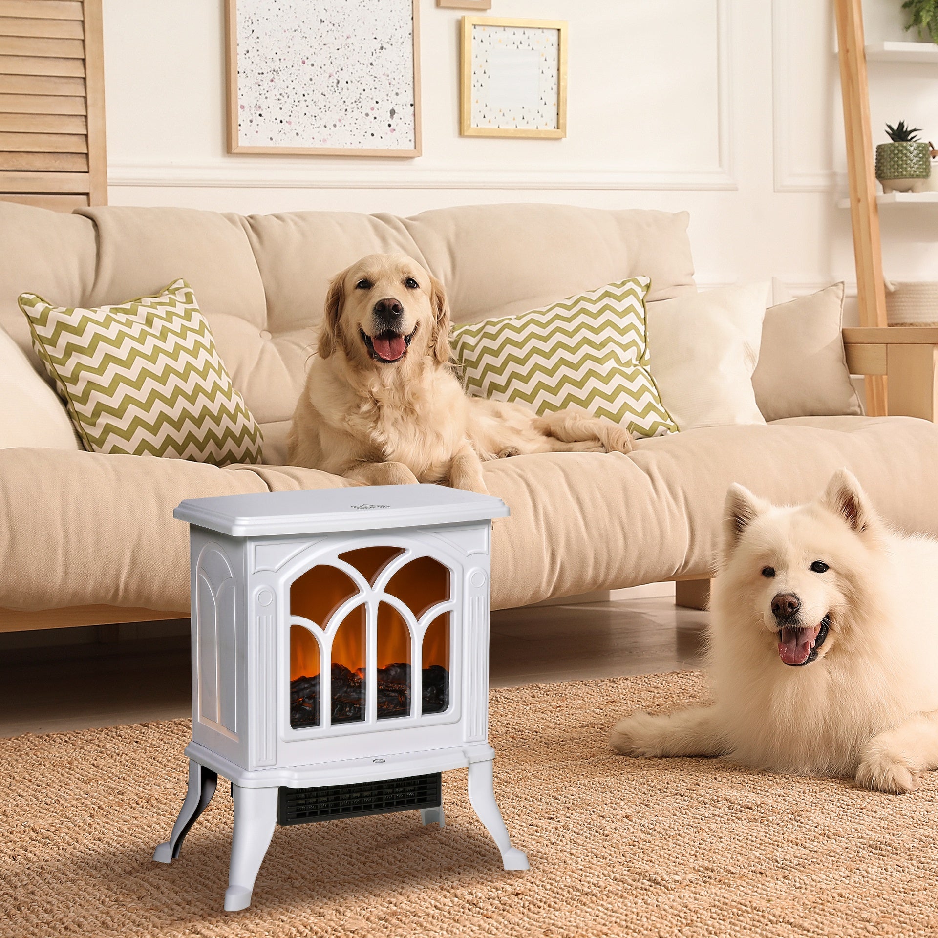 HOMCOM Electric Fireplace Heater, Freestanding Fireplace Stove with Realistic Logs and Flame Effect, 750W/1500W, White