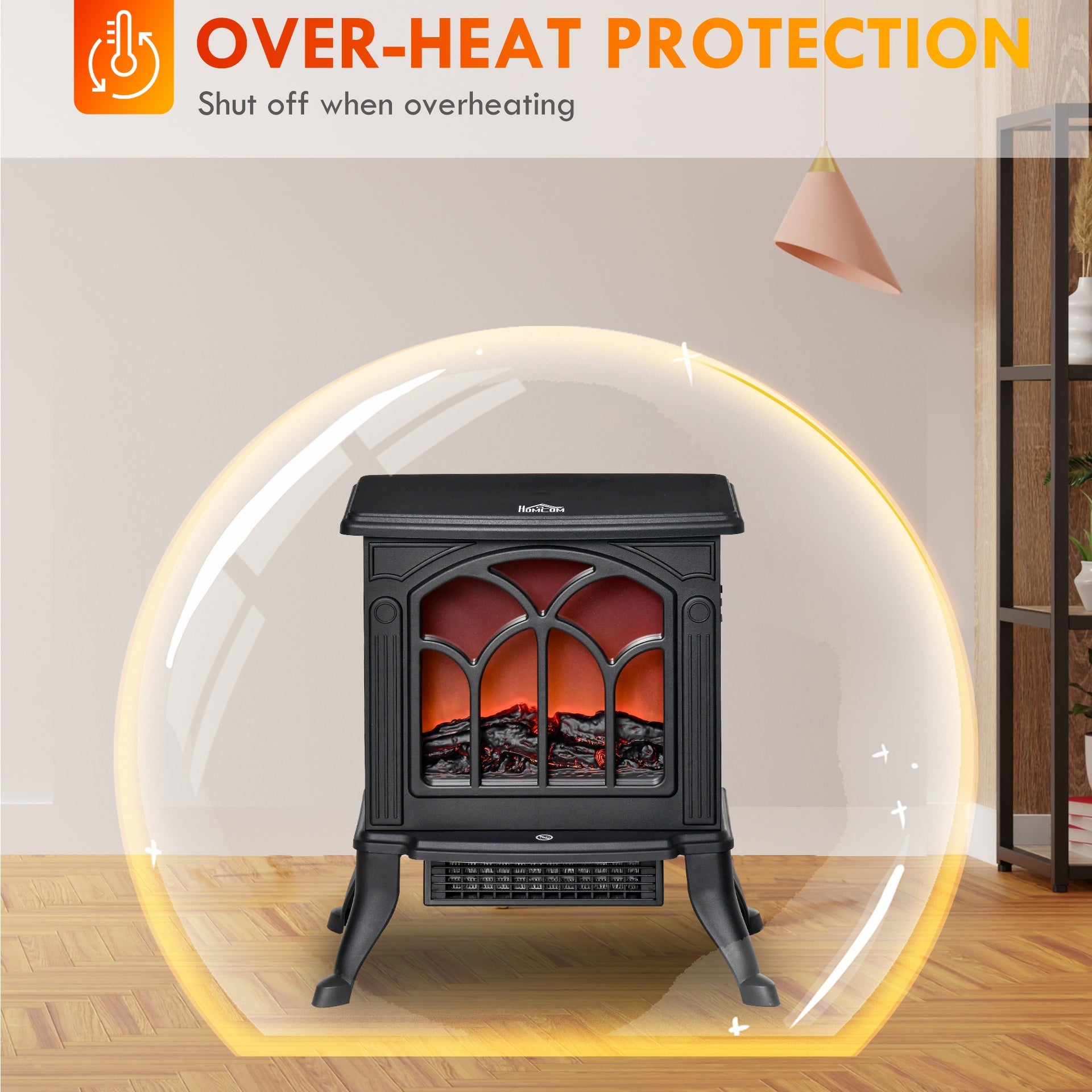 HOMCOM Electric Fireplace Heater, Freestanding Fireplace Stove with Realistic Logs and Flame Effect, 750W/1500W, Black