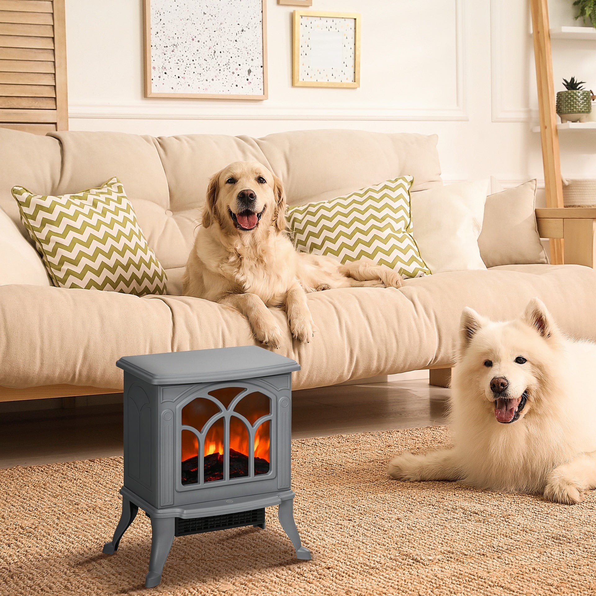 HOMCOM Electric Fireplace Heater, Freestanding Fireplace Stove with Realistic Logs and Flame Effect, 750W/1500W, Gray