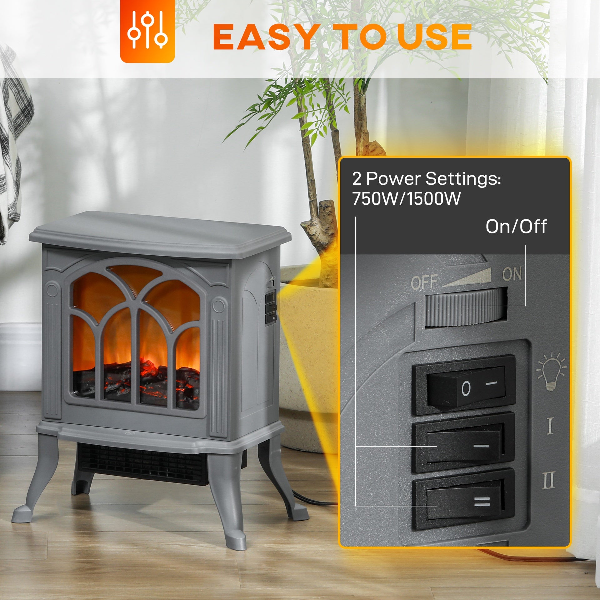 HOMCOM Electric Fireplace Heater, Freestanding Fireplace Stove with Realistic Logs and Flame Effect, 750W/1500W, Gray