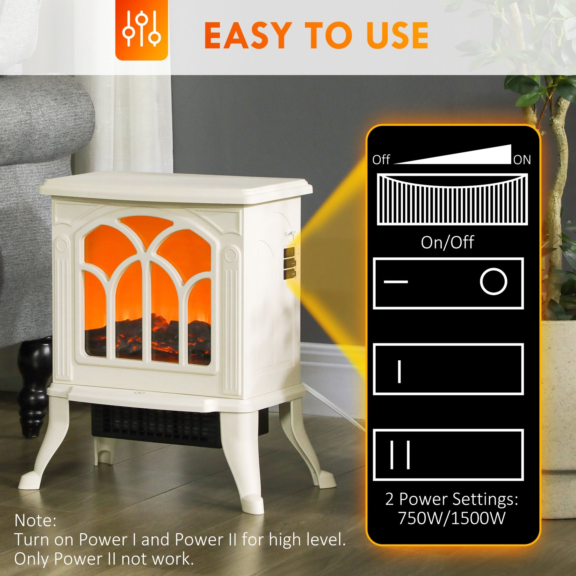 HOMCOM Electric Fireplace Heater, Freestanding Fireplace Stove with Realistic Logs and Flame Effect, 750W/1500W, Beige