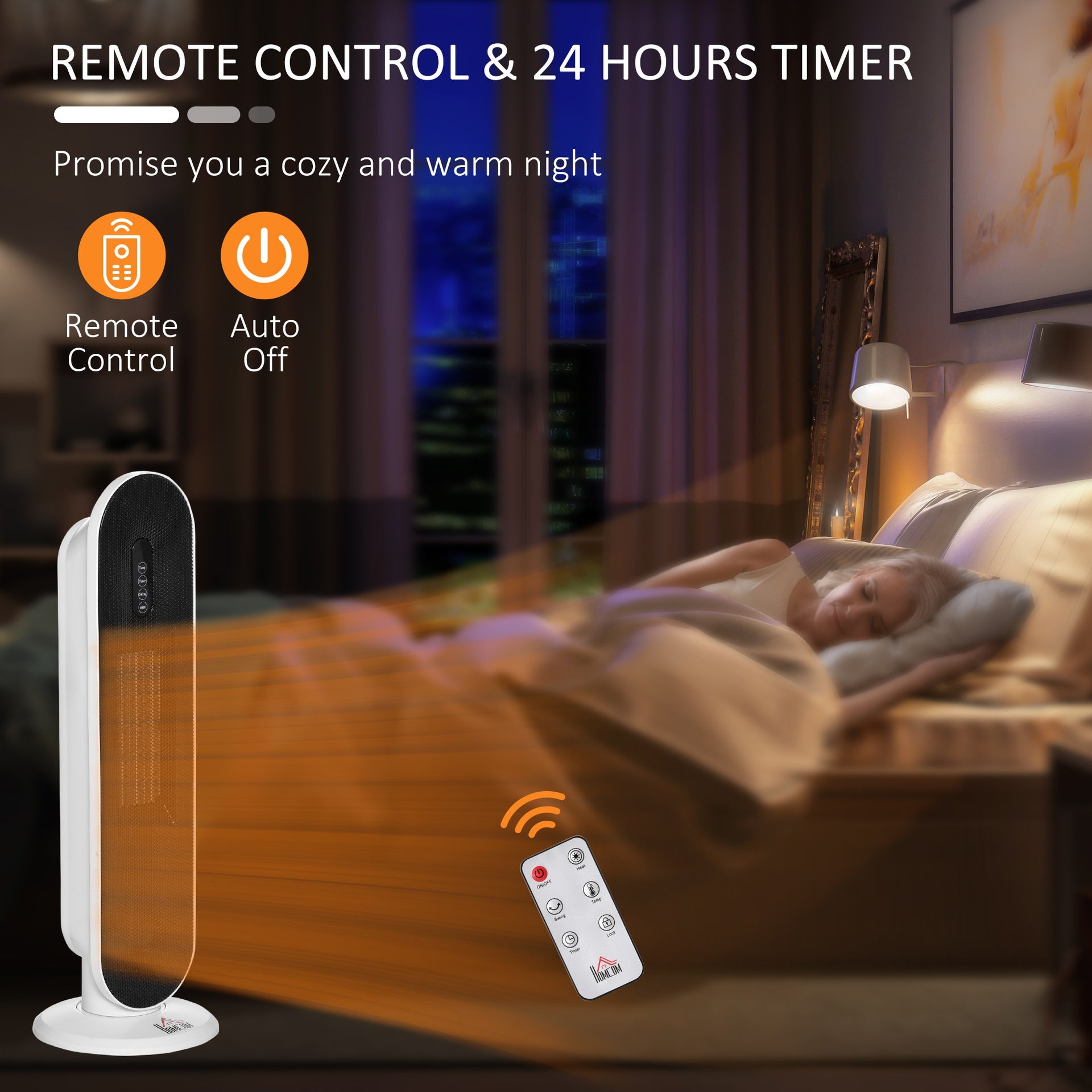 HOMCOM Oscillating Ceramic Tower Indoor Space Heater for Home, Adjustable Thermostat, 24H Timer & Remote Control, Tip-Over and Overheating Safety Protection, 25 Inches, 1500W/1000W
