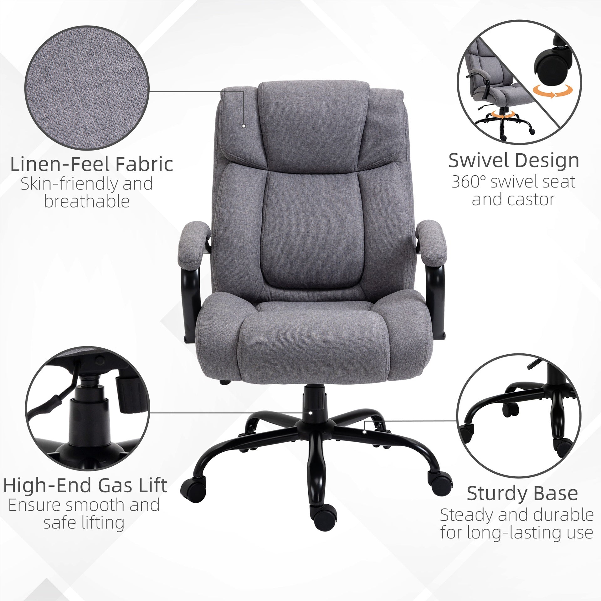 Vinsetto Big and Tall Executive Office Chair, Ergonomic Heavy-Duty High Back Computer Desk Chair 484lbs with Wide Seat,  Linen Fabric, Adjustable Height, Swivel Wheels, Light Gray