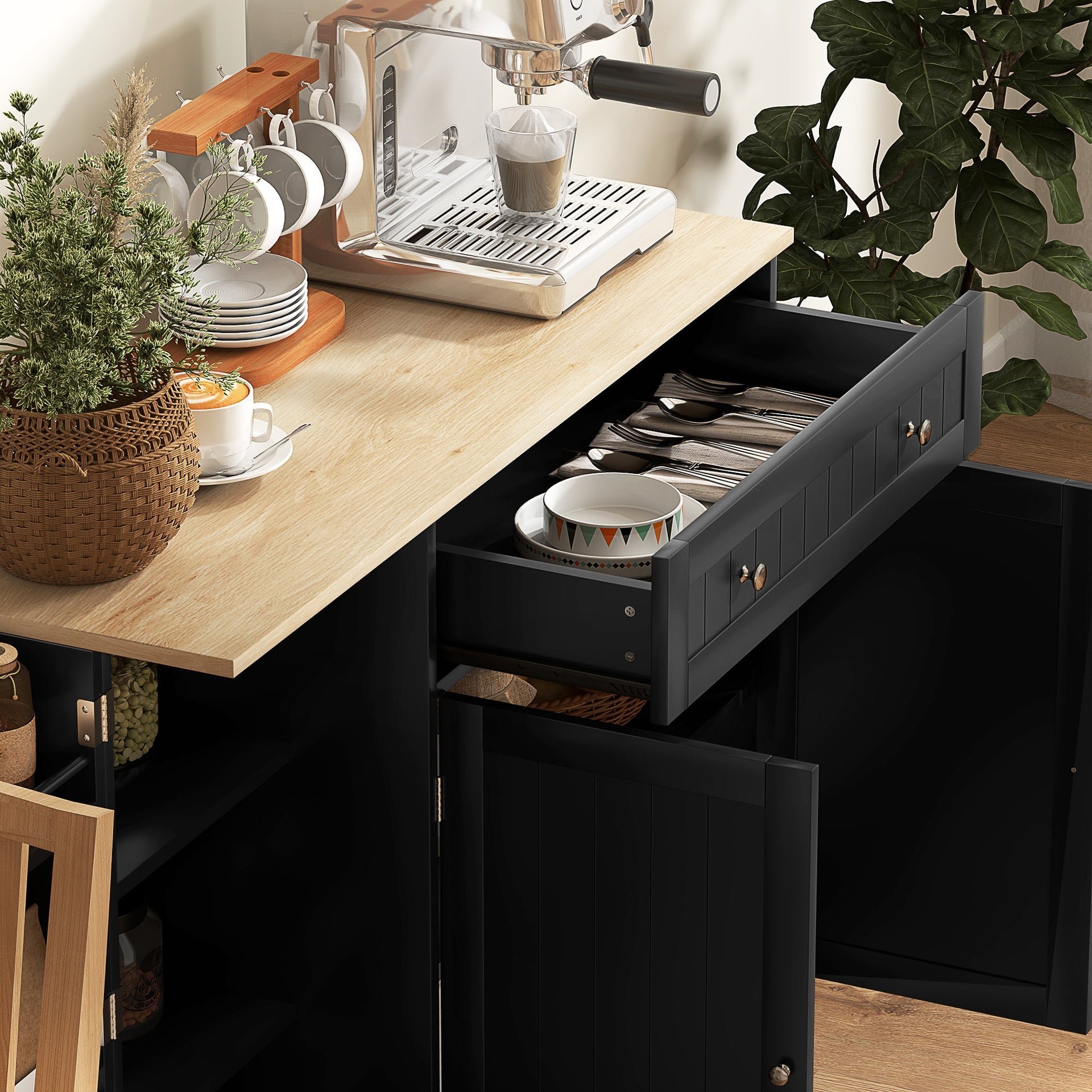 HOMCOM Modern Sideboard Cabinet, 41" Kitchen Buffet Cabinet with Drawer, Adjustable Shelf, 3 Doors for Dining Room, Black