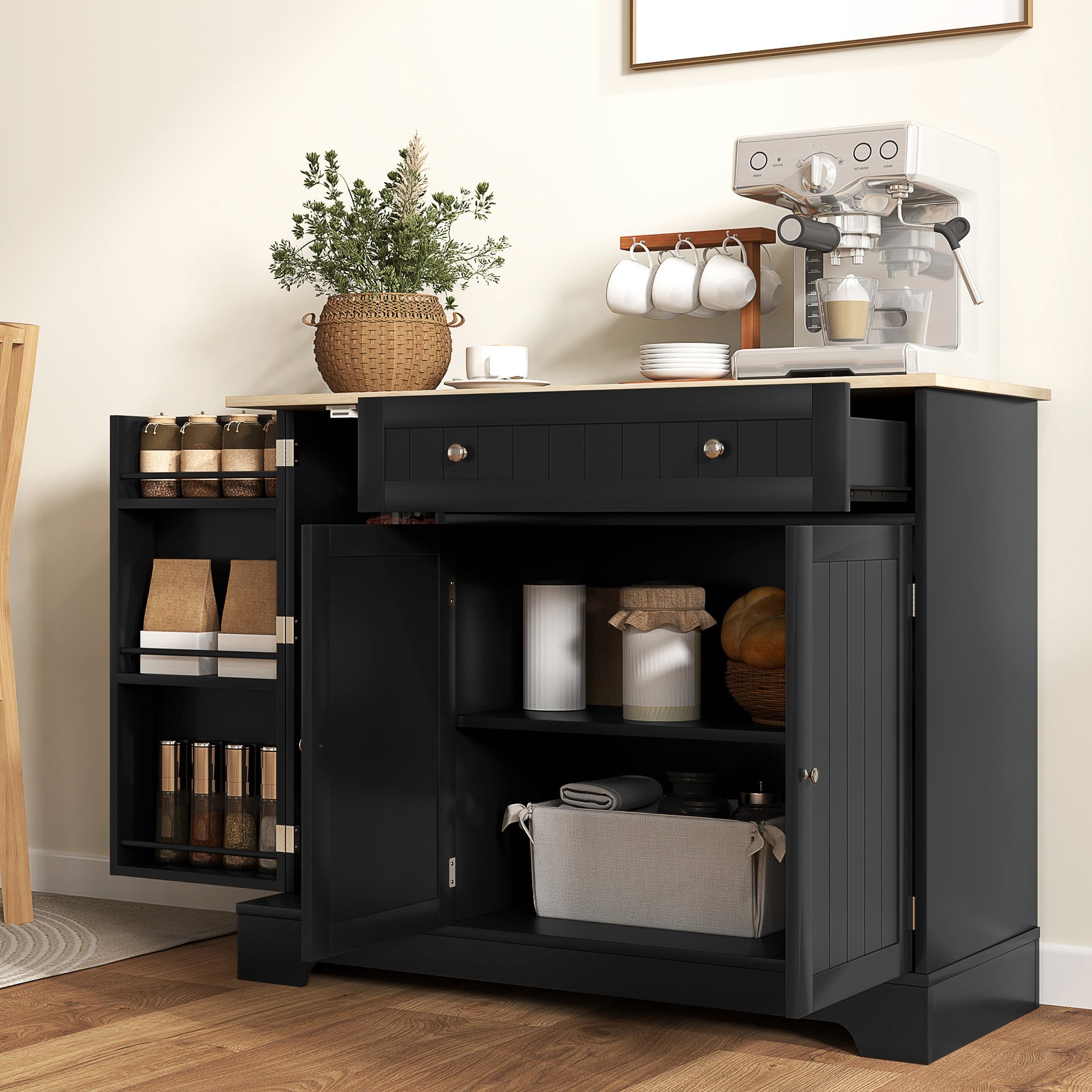 HOMCOM Modern Sideboard Cabinet, 41" Kitchen Buffet Cabinet with Drawer, Adjustable Shelf, 3 Doors for Dining Room, Black