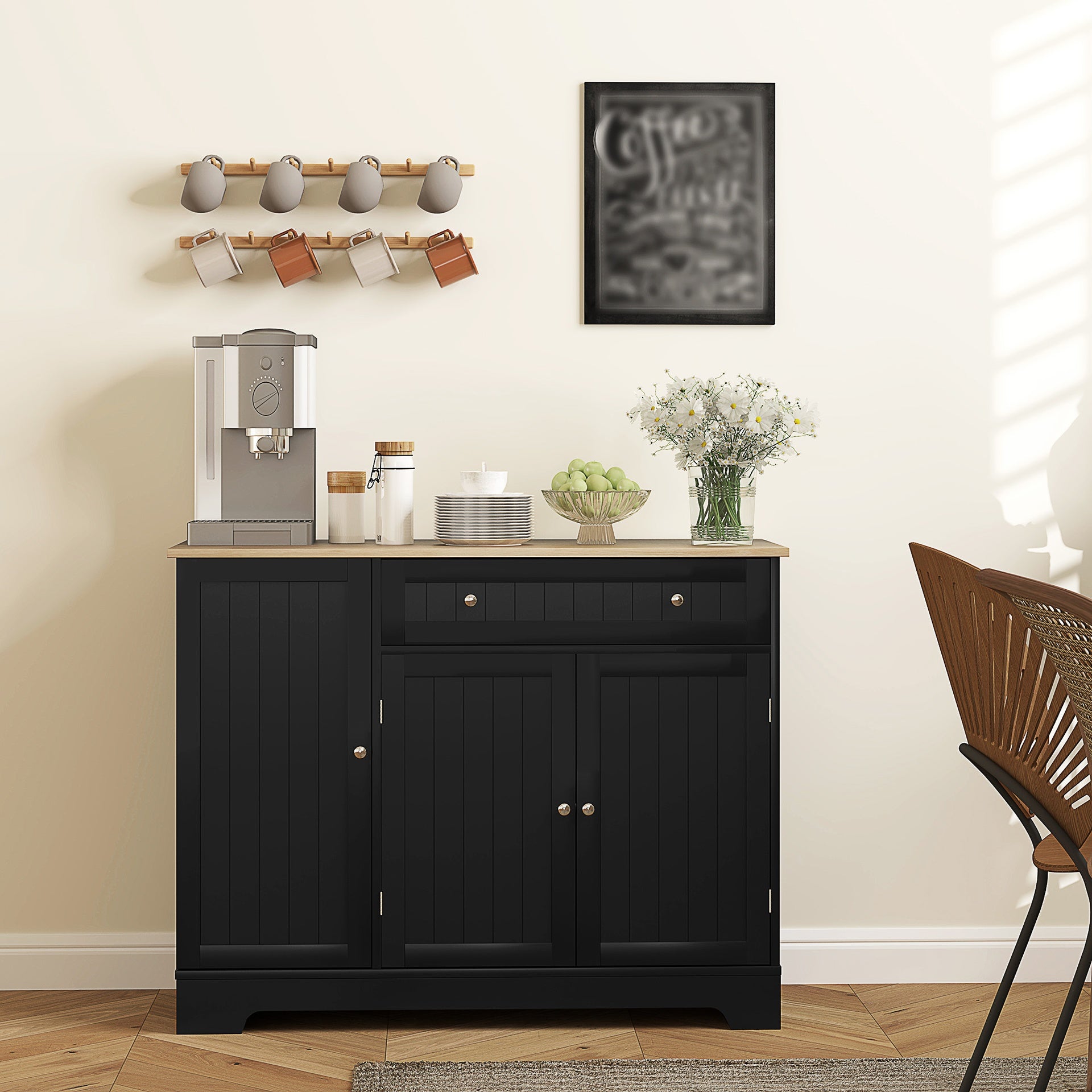HOMCOM Modern Sideboard Cabinet, 41" Kitchen Buffet Cabinet with Drawer, Adjustable Shelf, 3 Doors for Dining Room, Black