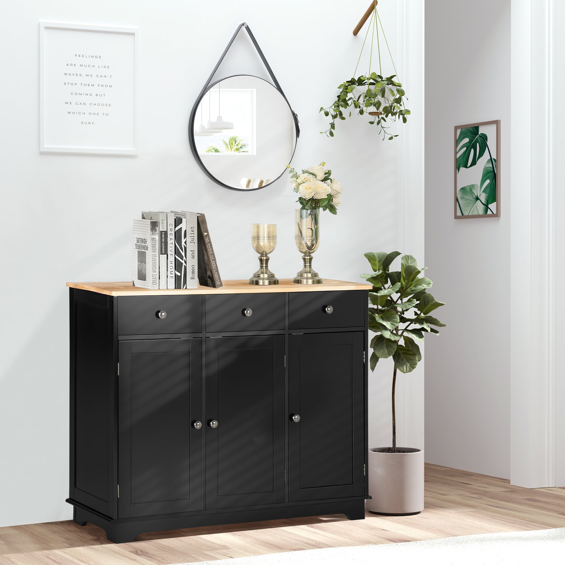 HOMCOM Kitchen Storage Cabinet, Sideboard Floor Cupboard with Solid Wood Top, Adjustable Shelf, and 3 Drawers, Black