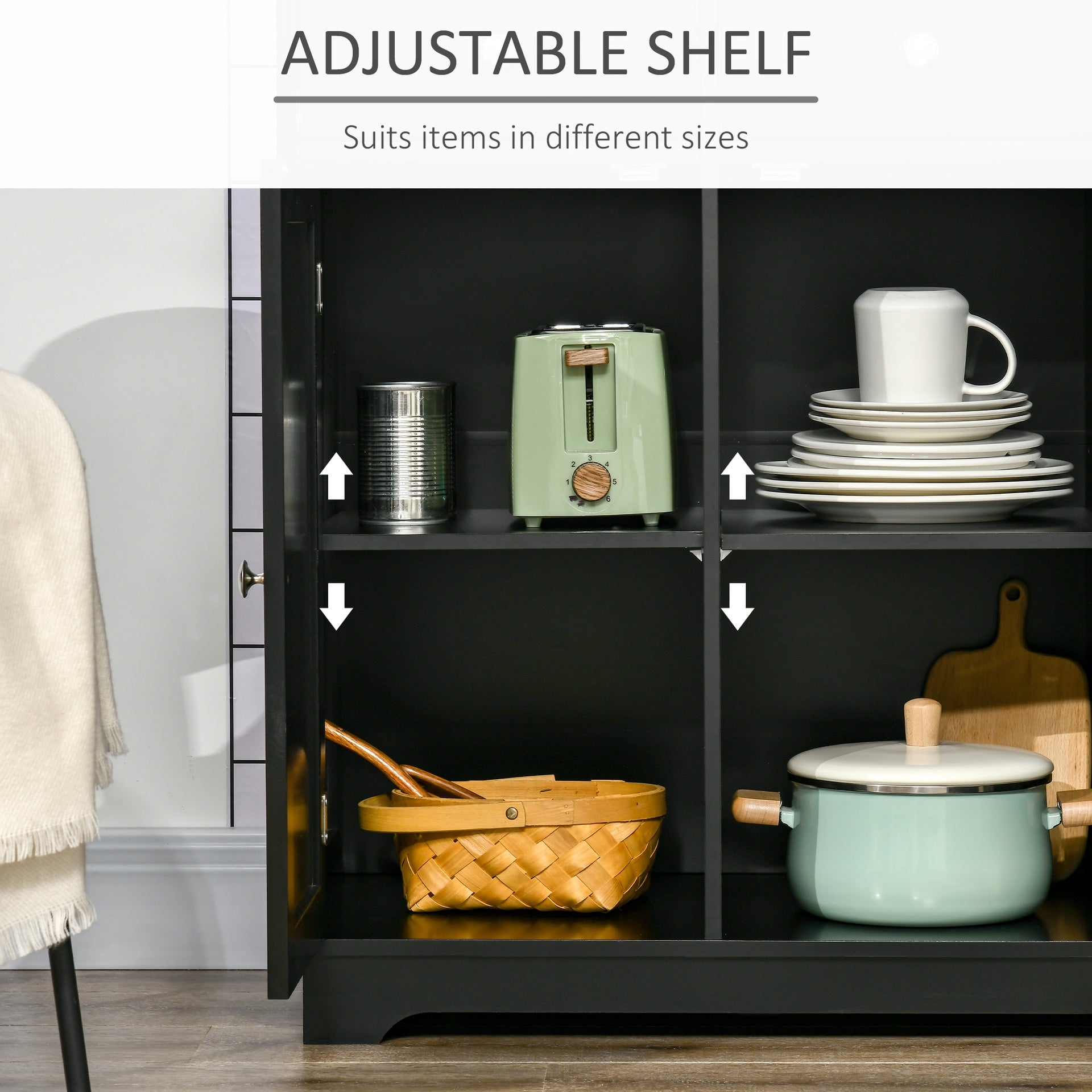 HOMCOM Kitchen Storage Cabinet, Sideboard Floor Cupboard with Solid Wood Top, Adjustable Shelf, and 3 Drawers, Black