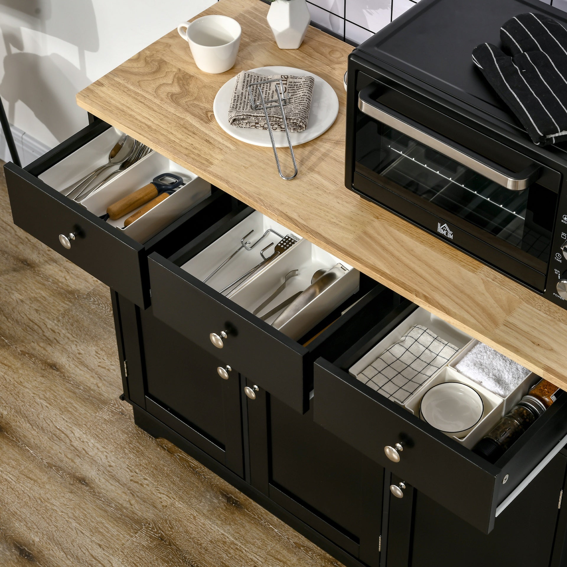 HOMCOM Kitchen Storage Cabinet, Sideboard Floor Cupboard with Solid Wood Top, Adjustable Shelf, and 3 Drawers, Black