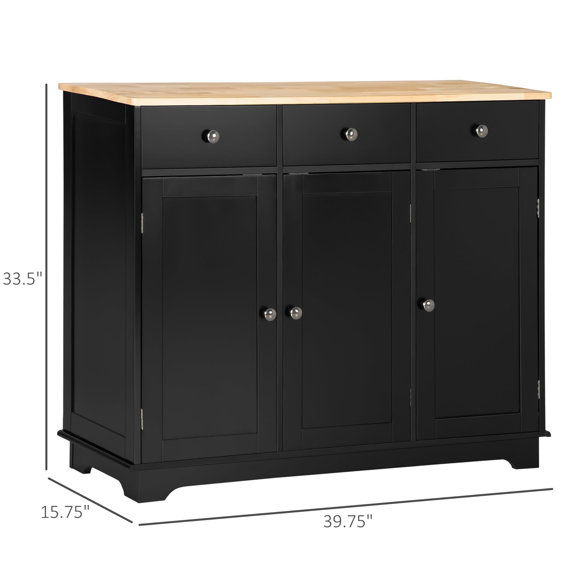 HOMCOM Kitchen Storage Cabinet, Sideboard Floor Cupboard with Solid Wood Top, Adjustable Shelf, and 3 Drawers, Black