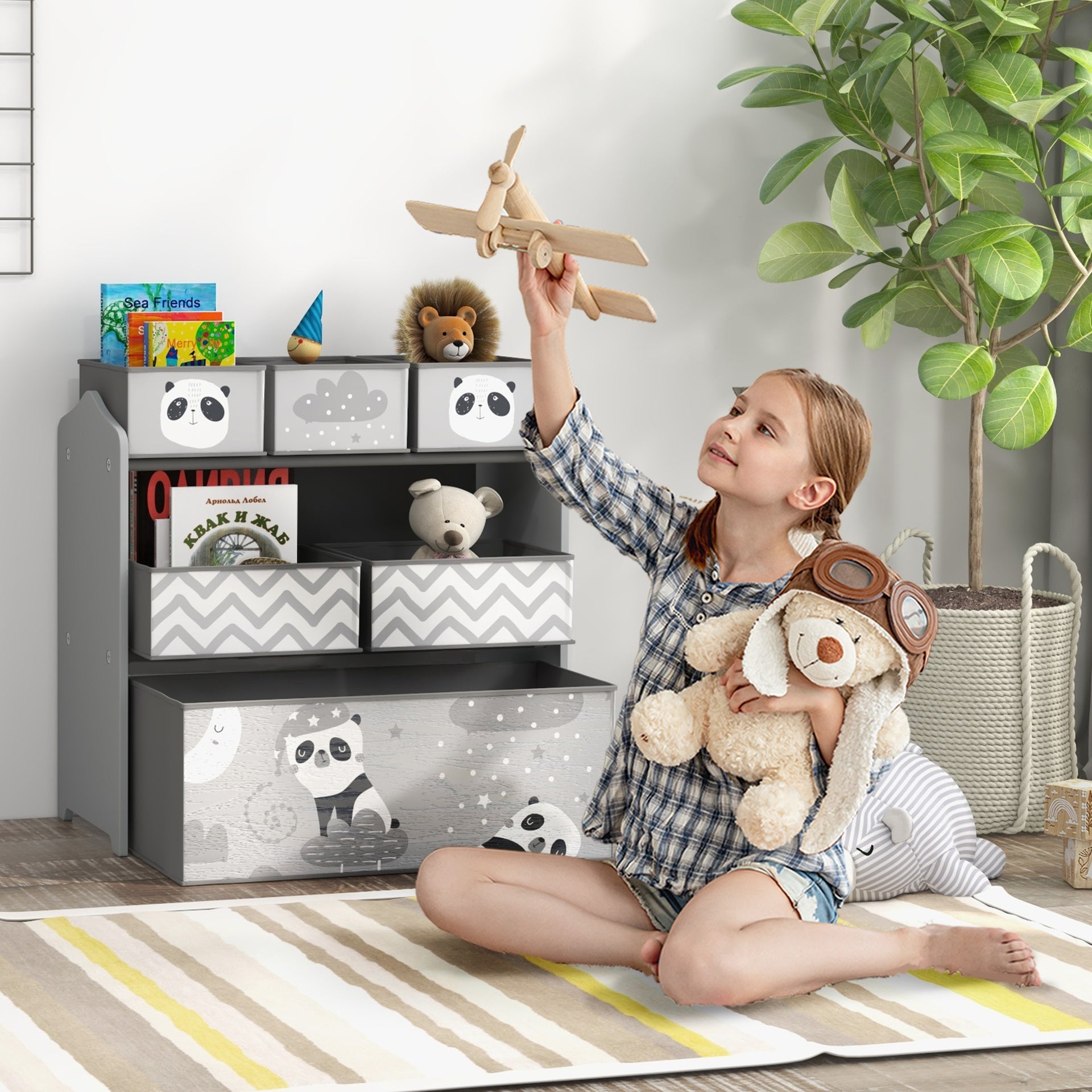 Qaba Toy Organizer with 6 Storage Bins, 25" x 12" x 26", Gray