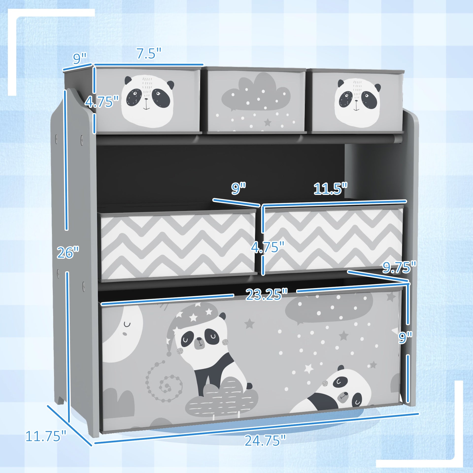 Qaba Toy Organizer with 6 Storage Bins, 25" x 12" x 26", Gray